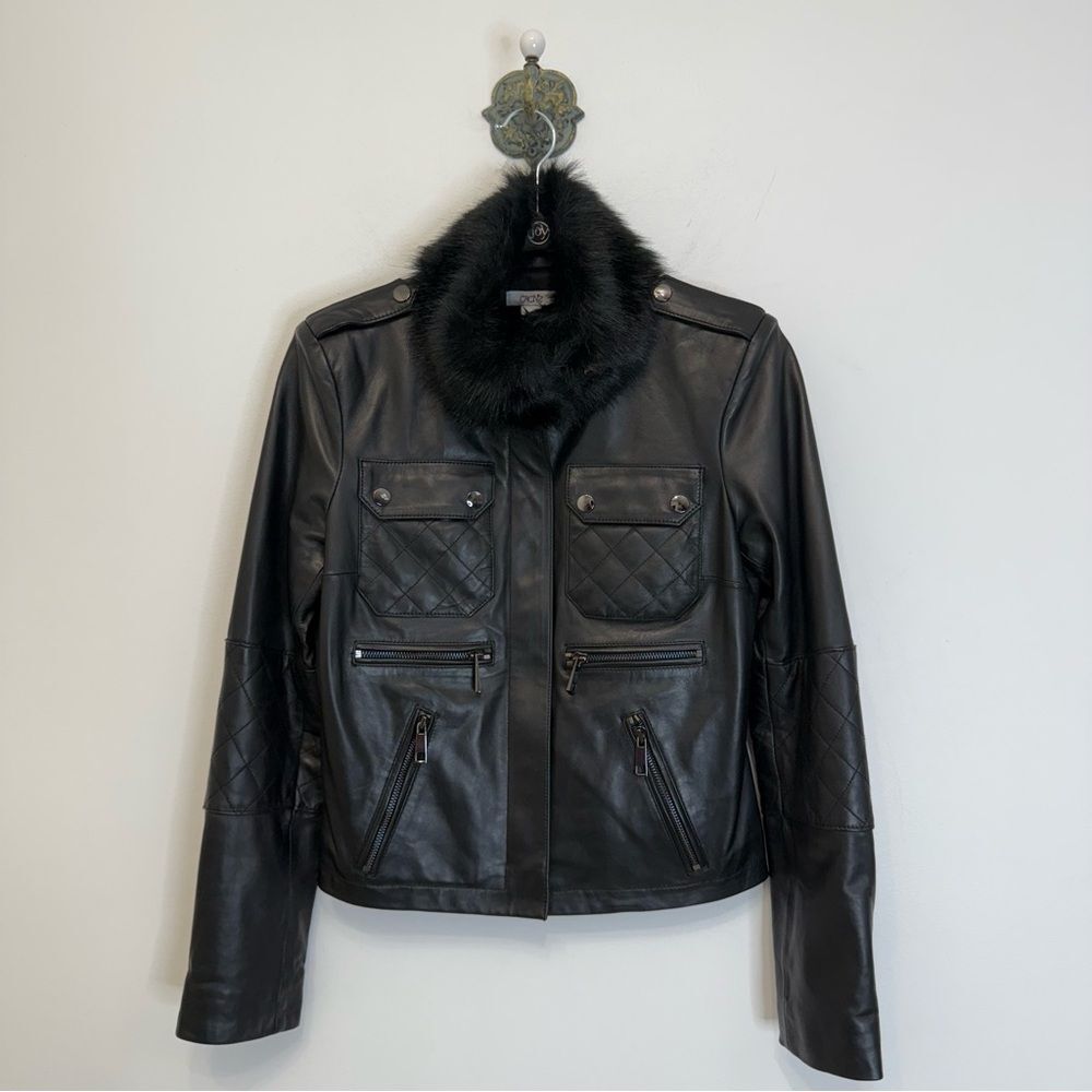Cache’ Black Leather Faux Fur Mock Neck Collar Moto Biker Jacket Women Size S